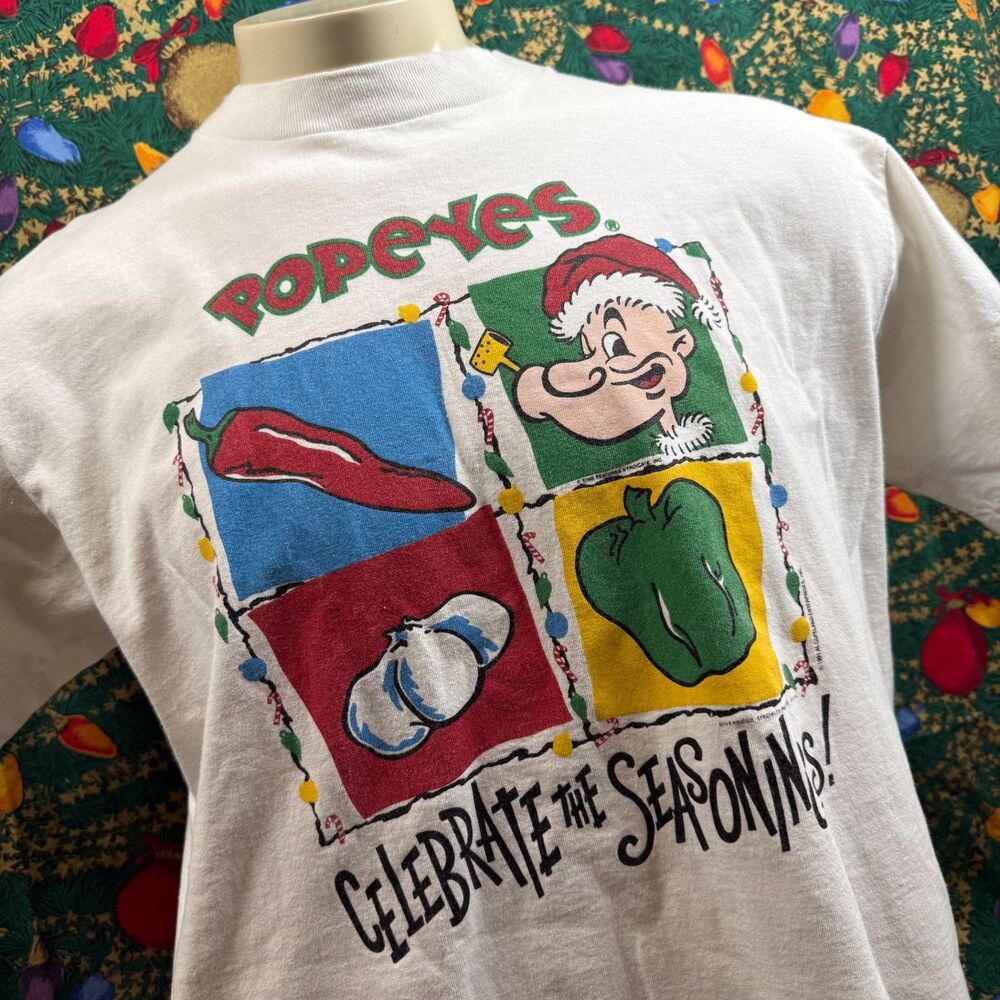 1991 Popeyes The Sailor Man Chicken Christmas Tshirt XL Celebrate the Seasonings